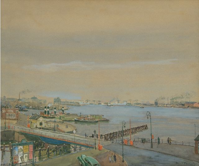 Peizel B.  | Gezicht op de haven van Amsterdam, aquarel op schildersboard 49,1 x 58,8 cm, gesigneerd r.o.