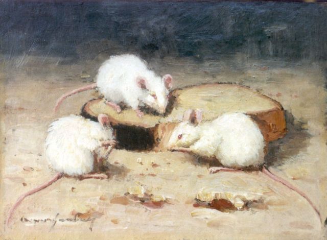 Arie Wassenburg | Witte muizen, olieverf op schildersboard, 14,8 x 20,2 cm, gesigneerd l.o.