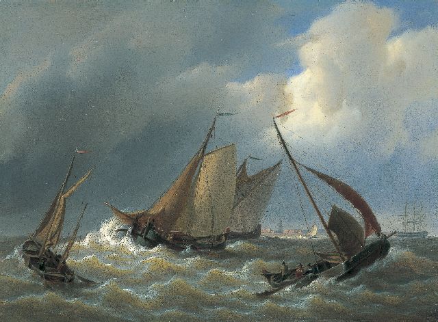 Petrus Johannes Schotel | Botters en vrachtschepen op woelige zee, olieverf op paneel, 26,7 x 36,2 cm, gesigneerd r.o.