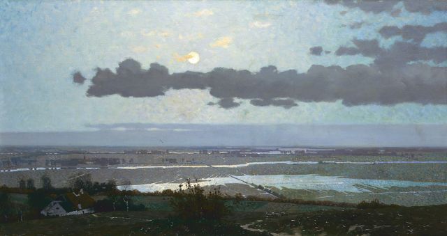 Derk Wiggers | De Ooijpolder bij Nijmegen bij volle maan, olieverf op doek, 56,8 x 105,7 cm, gesigneerd r.o. en gedateerd 1913