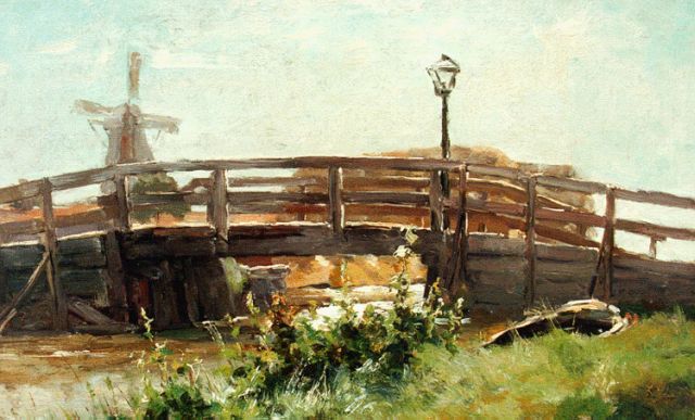 Jan Hillebrand Wijsmuller | Landschap met molen bij een bruggetje, olieverf op doek op paneel, 33,7 x 49,7 cm, gesigneerd r.o.