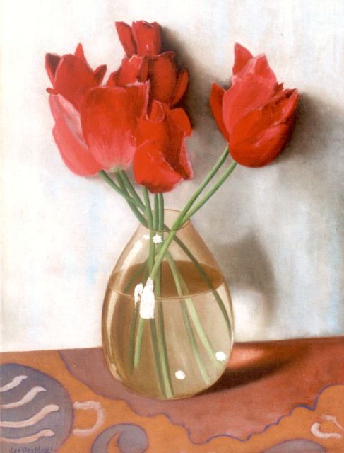 Leo Oosthout | Tulpen in een vaas, olieverf op doek, 40,0 x 30,0 cm, gesigneerd l.o.