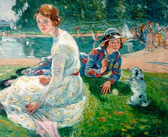 Ernest Borough Johnson | Meisjes bij de vijver in Hyde Park, olieverf op doek, 50,7 x 60,7 cm, gesigneerd r.o.