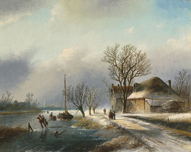 Jacob Jan Coenraad Spohler | IJsgezicht met schaatsers, olieverf op doek, 59,5 x 74,9 cm, gesigneerd l.o. met J.J. Spohler en te dateren ca. 1865