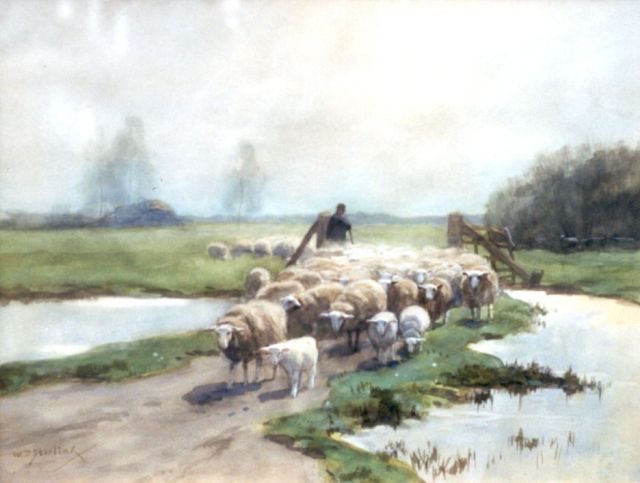 Willem Steeling jr. | Herder met zijn kudde, aquarel op papier, 30,9 x 40,8 cm, gesigneerd l.o.