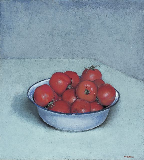 Jan Boon | Stilleven met tomaten in een emaille schaal, olieverf op doek, 41,1 x 37,3 cm, gesigneerd r.o.