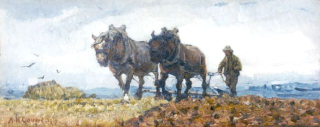 Herman Gouwe | Ploegende boer, olieverf op doek, 13,6 x 33,3 cm, gedateerd 1917
