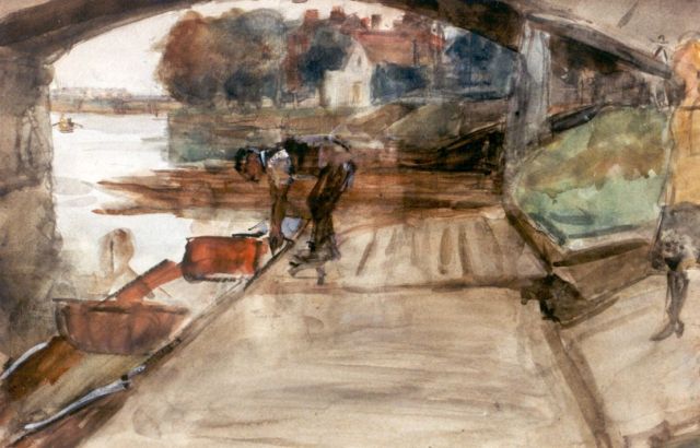 Isaac Israels | Man bij een roeiboot onder een brug over de Theems, aquarel op papier, 33,5 x 50,5 cm