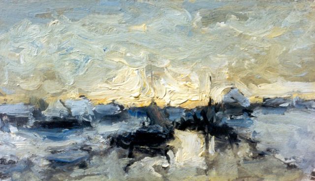 Morgenstjerne Munthe | Winters rivierlandschap, olieverf op schilderskarton, 12,4 x 21,1 cm, gesigneerd verso