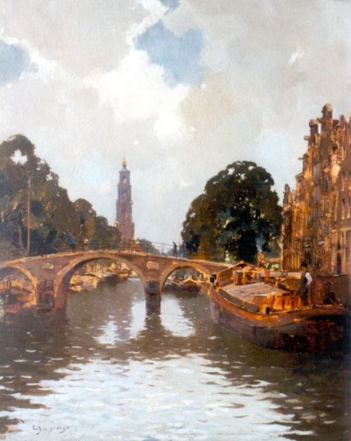 Evert Jan Ligtelijn | De Prinsengracht in Amsterdam met de Westertoren, olieverf op schildersboard, 50,0 x 40,0 cm, gesigneerd l.o.