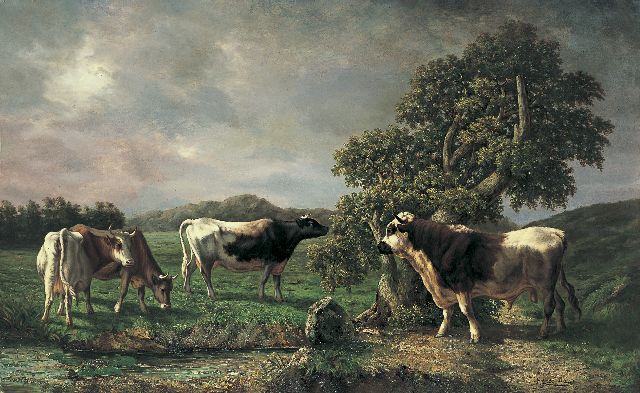 Jan de Haas | Vee in zomers weidelandschap, olieverf op doek, 110,7 x 180,8 cm, gesigneerd r.o.