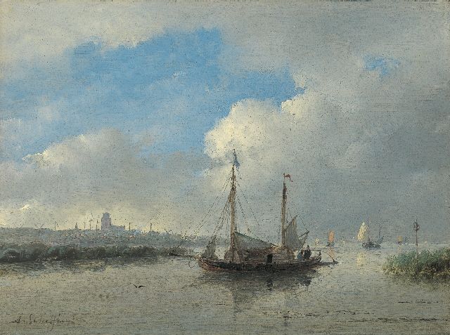 Andreas Schelfhout | Zeilschepen op de Merwede bij Dordrecht, olieverf op paneel, 17,8 x 24,0 cm, gesigneerd l.o.