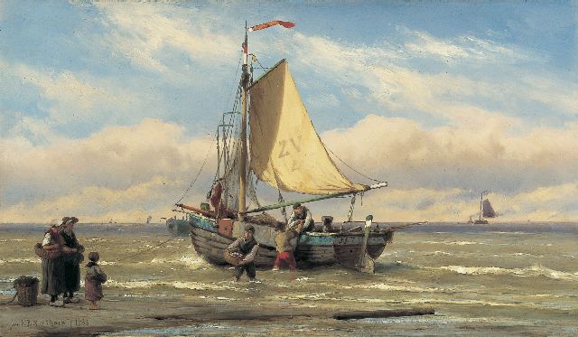 Jan H.B. Koekkoek | Het uitladen van de vangst, Zandvoort, olieverf op paneel, 24,3 x 42,0 cm, gesigneerd l.o. en verso en gedateerd 1888