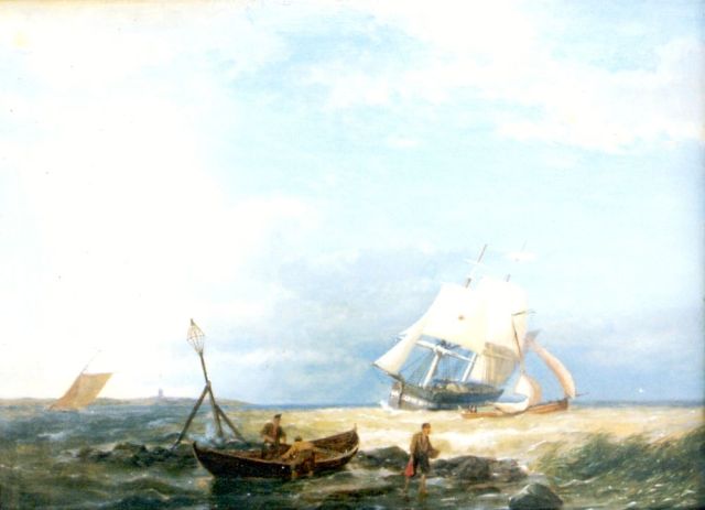 Pieter Cornelis  Dommershuijzen | Zeilende brik voor de kust, olieverf op paneel, 28,0 x 38,5 cm