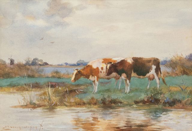Groenewegen A.J.  | Drinkend vee, aquarel op papier 18,0 x 25,5 cm, gesigneerd l.o.