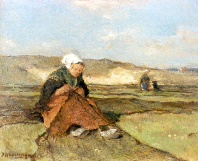 Johannes Evert Akkeringa | Nettenboetsters in de duinen, olieverf op paneel, 14,5 x 17,1 cm, gesigneerd l.o.