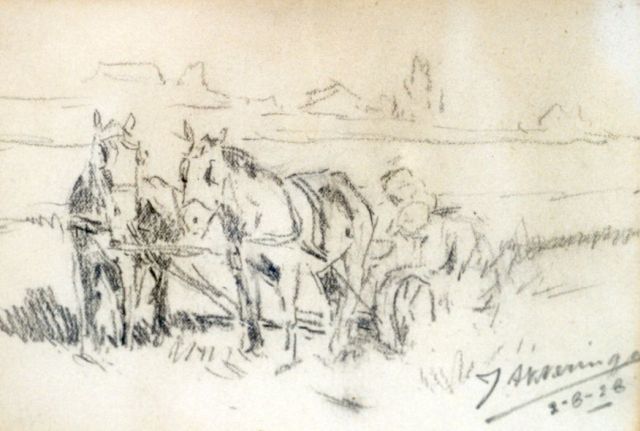 Johannes Evert Akkeringa | Ploegende paarden, potlood op papier, 10,3 x 15,2 cm, gesigneerd r.o. en gedateerd 2-8-28