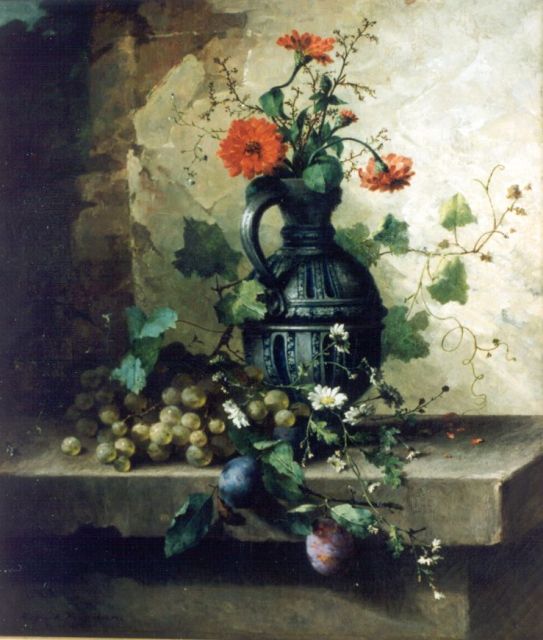 Margaretha Roosenboom | Stilleven met bloemen, vruchten en stenen kruik, olieverf op doek, 64,5 x 55,5 cm, gesigneerd l.o.