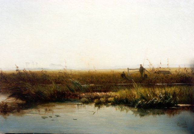 Constan Gabriel | Vissers in weids polderlandschap, olieverf op paneel, 21,5 x 31,3 cm, gesigneerd r.o.