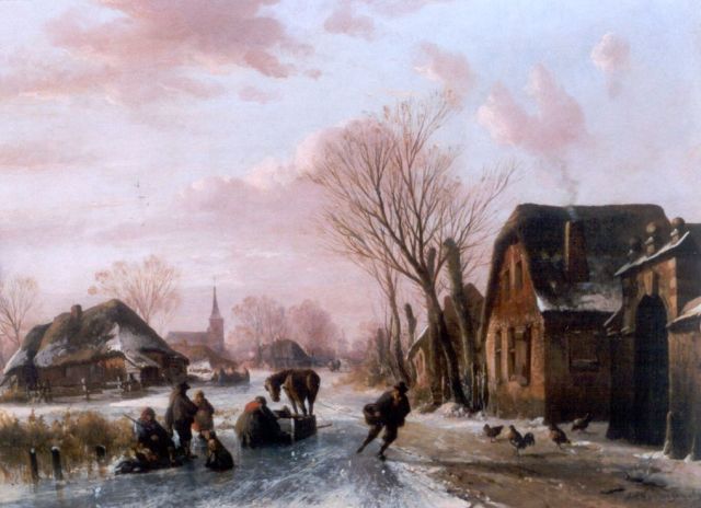 Abraham van der Wayen Pieterszen | Winters dorpsgezicht met jagers en een paard en slee op het ijs, olieverf op paneel, 36,9 x 50,1 cm, gesigneerd r.o. en gedateerd '69