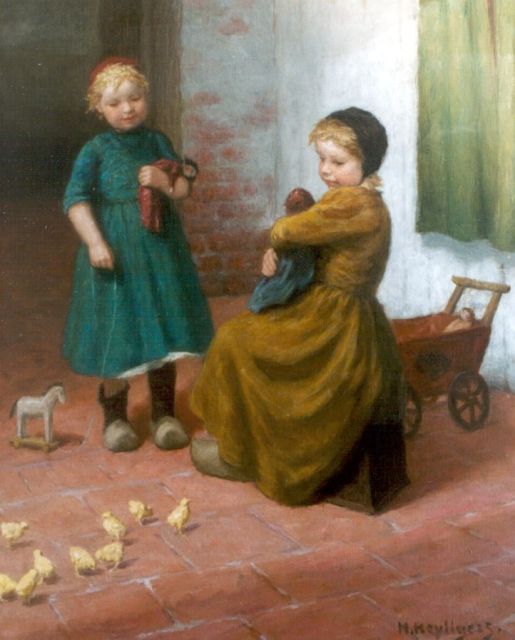 Henri Heijligers | Spelende kinderen en kuikentjes, olieverf op doek, 73,5 x 59,4 cm, gesigneerd r.o.