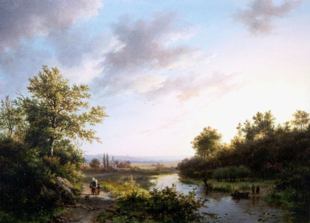 Johann Bernard Klombeck | Boomrijke riviervallei bij Kleef, olieverf op paneel, 36,5 x 49,7 cm, gesigneerd l.o. met monogram en gedateerd 1842