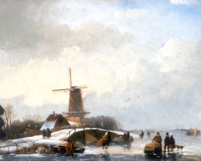 Jan Jacob Spohler | Winterlandschap met schaatsers bij een molen, olieverf op paneel, 20,1 x 25,0 cm, gesigneerd l.o. en te dateren 1830-1840