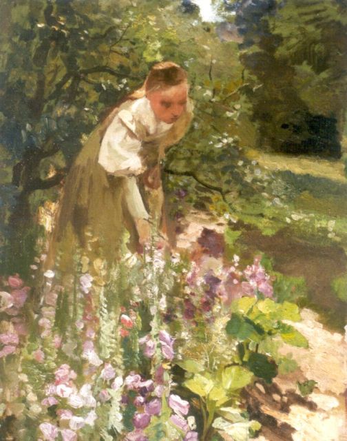 Albert Neuhuys | Jonge vrouw in voorjaarstuin, olieverf op doek, 60,2 x 46,0 cm, gesigneerd r.o. met atelierstempel