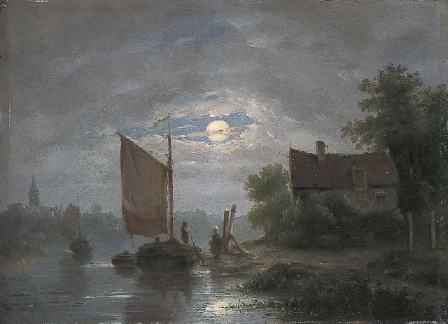 Jacobus van der Stok | Rivierlandschap bij maanlicht, olieverf op paneel, 18,3 x 25,0 cm, gesigneerd l.o.