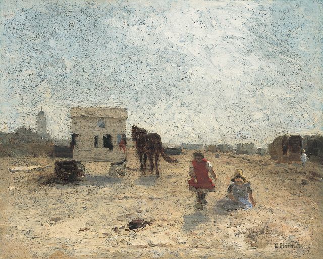 Munthe L.  | Kinderen en badkoets op het strand van Katwijk, olieverf op doek 31,5 x 39,1 cm, gesigneerd r.o.