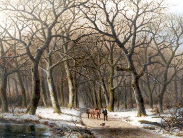 Everardus Mirani | Houthakker met mallejan op een winters bospad, olieverf op paneel, 22,6 x 29,1 cm, gesigneerd m.o.