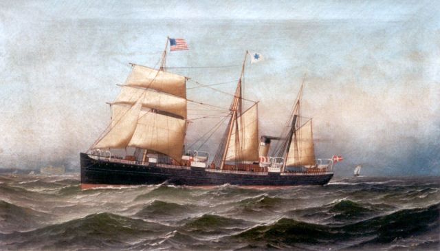 Anthony Jacobsen | Stoomschip de Hekla op volle zee, olieverf op doek, 30,6 x 51,3 cm, gesigneerd r.o. en gedateerd 1887