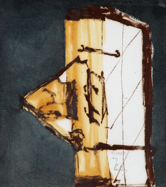 Ybáñez M.  | Compositie, gouache en olie op papier 44,5 x 39,5 cm, gesigneerd r.o. en gedateerd 1987