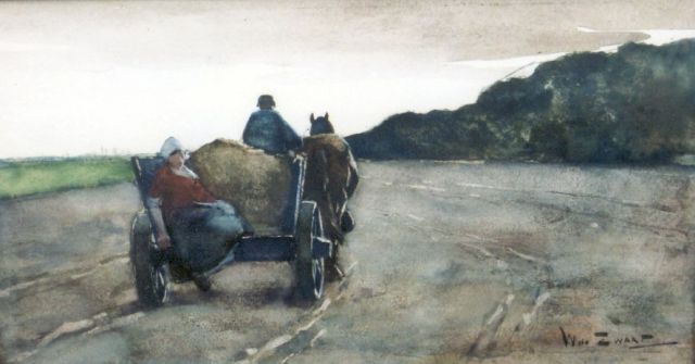 Willem de Zwart | Boerenkar op landweg, houtskool en aquarel op papier, 20,5 x 39,5 cm, gesigneerd r.o.