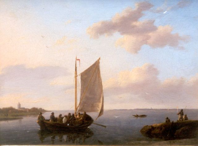Johannes Hermanus Koekkoek | Veerboot op een verstilde binnenzee, olieverf op paneel, 15,7 x 20,9 cm, gesigneerd r.o.