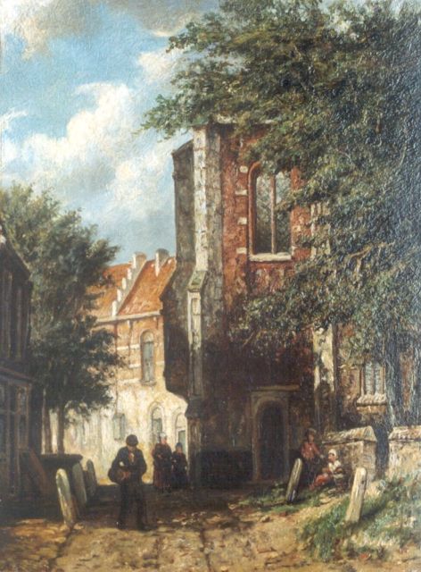 Johannes Jacobus Mittertreiner | Straatscène met kerkje, olieverf op paneel, 26,5 x 20,2 cm, gesigneerd r.o. met initialen