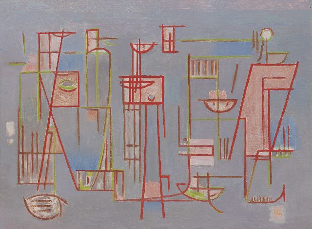 Wobbe Alkema | Compositie no. 11, olieverf op doek, 59,8 x 80,0 cm, gesigneerd r.o. met initialen en gedateerd '57