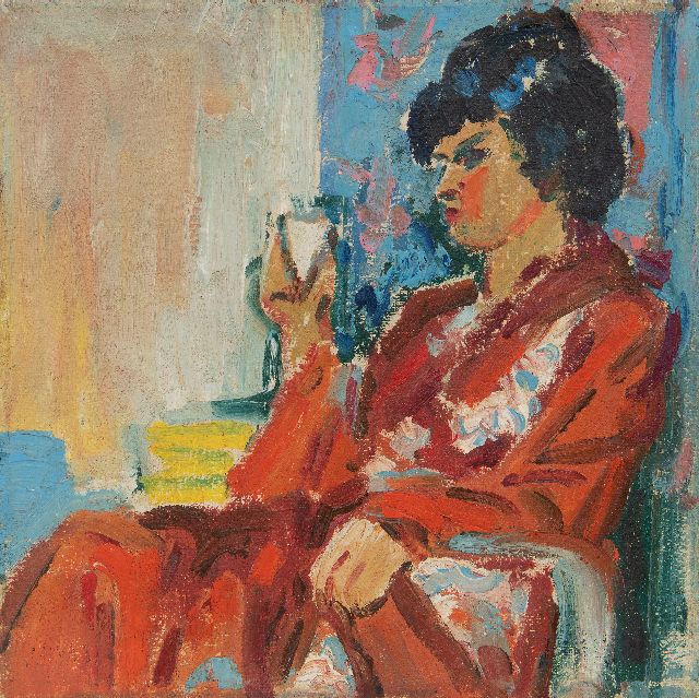 Dijkstra J.  | Modieuze vrouw in stoel, wasverf op doek 25,2 x 25,2 cm, eind jaren '20