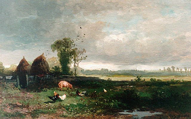 Johannes Warnardus Bilders | Kippen en een varken in de wei, olieverf op paneel, 21,7 x 35,0 cm, gesigneerd r.o.