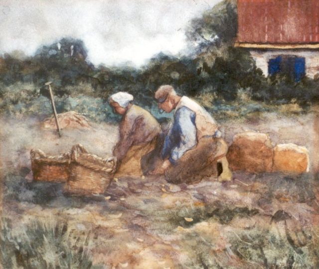 Barend Polvliet | Aardappels rooien, aquarel op papier, 25,5 x 29,0 cm, gesigneerd r.o.