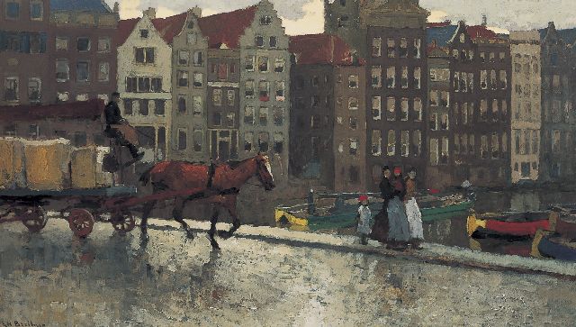 George Hendrik Breitner | Paard en wagen op de Nieuwe Brug bij het Damrak, olieverf op doek, 52,3 x 92,3 cm, gesigneerd l.o.