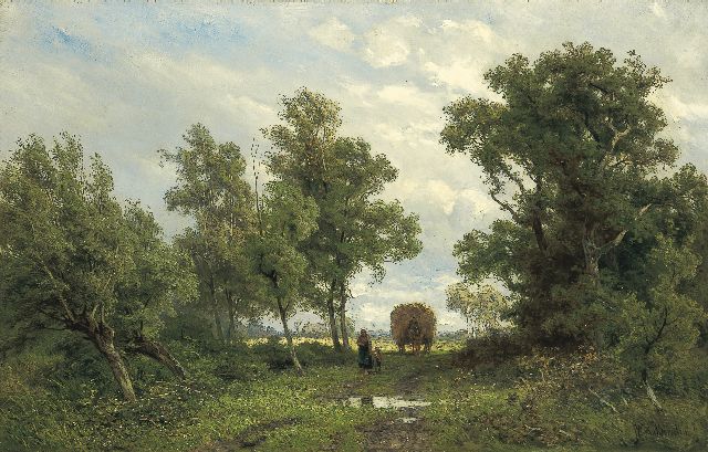 Jan Willem van Borselen | Huiswaarts na het hooien, olieverf op doek, 45,0 x 70,3 cm, gesigneerd r.o.