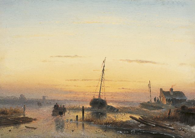 Charles Leickert | Winterlandschap bij ondergaande zon, olieverf op paneel, 32,6 x 46,1 cm, gesigneerd l.o. en te dateren ca. 1849