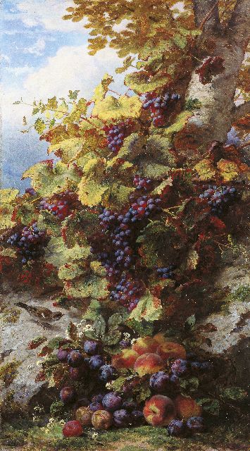 Jean-Baptiste Robie | Stilleven met druiven, perziken, pruimen en musje, olieverf op paneel, 135,0 x 75,0 cm, gesigneerd r.o.