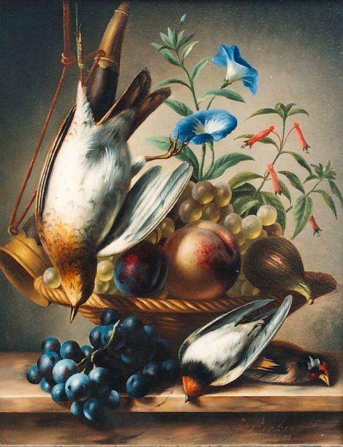 Reekers jr. Joh.  | Mand met fruit en zangvogel en vinken, olieverf op paneel 36,8 x 29,2 cm, gesigneerd r.o. en gedateerd '55
