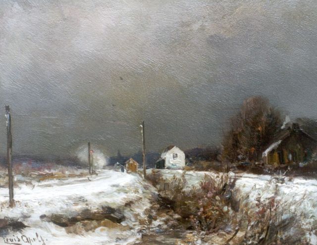 Louis Apol | Sneeuwlandschap met naderende stoomtrein, olieverf op paneel, 17,6 x 22,0 cm, gesigneerd l.o.