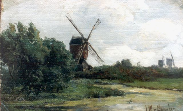 Jan Willem van Borselen | Molens in polderlandschap, olieverf op doek op paneel, 12,8 x 19,7 cm, gesigneerd r.o.