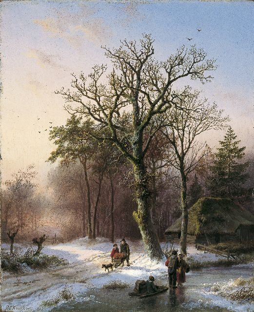 Barend Cornelis Koekkoek | Winters bosgezicht met figuren op het ijs, olieverf op paneel, 19,1 x 15,7 cm, gesigneerd l.o. en gedateerd 1842