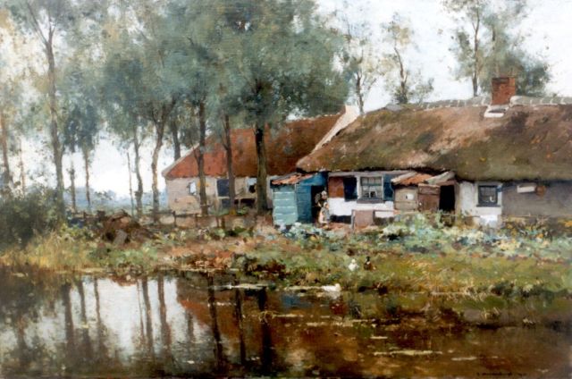 Cornelis Vreedenburgh | Boerenwoning aan het water, olieverf op doek op paneel, 49,8 x 75,6 cm, gesigneerd r.o. en gedateerd 1910
