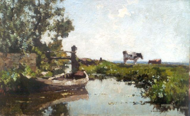 Cornelis Vreedenburgh | Polderlandschap met koeien aan een sloot, olieverf op paneel, 23,0 x 37,2 cm, gesigneerd r.o.